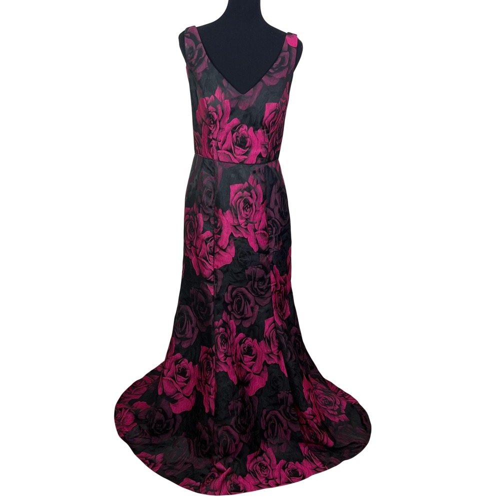 JS Collections Pink Black Floral Jacquard V-Neck Mermaid Gown, Size 8